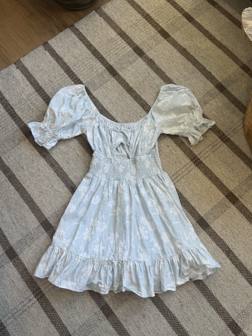 Sabo Skirt Sol Mini Dress Milkmaid Puff Sleeve Blue White Floral Resort XS